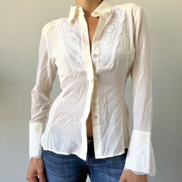 Y2K Bebe Cream Silk Lace Blouse - Picture 1 of 6